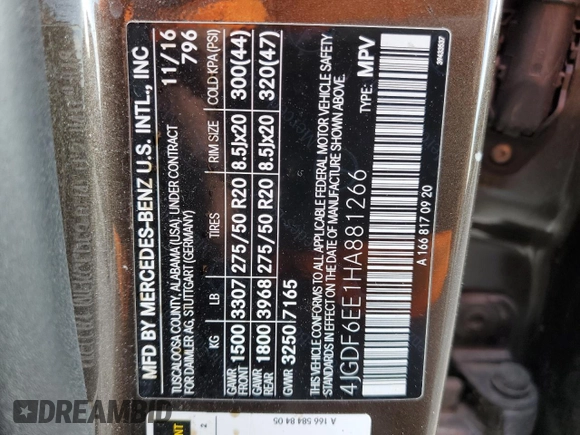 2017 Mercedes-Benz GLS 450 with VIN 4JGDF6EE1HA881266, listed as a Copart auction lot 42690564 with 104,961 mi miles and . Bid and sale history available at DreamBid. Image 13.