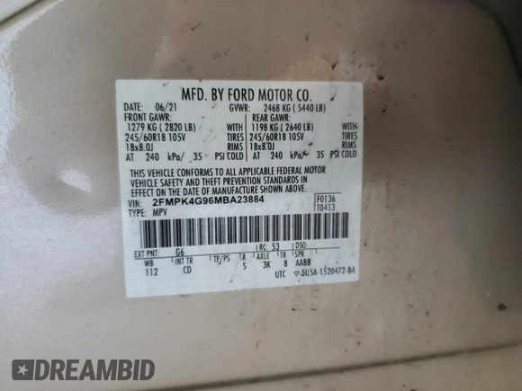 2021 Ford Edge SE with VIN 2FMPK4G96MBA23884, listed as a Copart auction lot 45997735 with 129,558 mi miles and Salvage title. Bid and sale history available at DreamBid. Image 13.