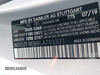 2020 Mercedes-Benz E 350 with VIN WDDZF8EB4LA703331, listed as a IAAI auction lot 42297055 with Not provided miles and . Bid and sale history available at DreamBid. Image 9.