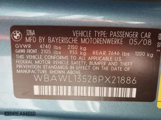 2008 BMW 3 Series 328i with VIN WBAWL13528PX21886, listed as a IAAI auction lot 41514082 with 70,499 mi miles. Bid and sale history available at carsss.com. Image 9.