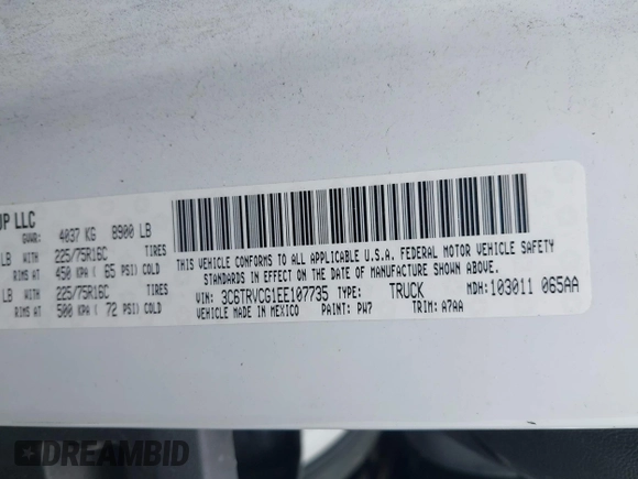 2014 Ram ProMaster Cargo with VIN 3C6TRVCG1EE107735, listed as a IAAI auction lot 41951259 with 91,067 mi miles and . Bid and sale history available at DreamBid. Image 9.