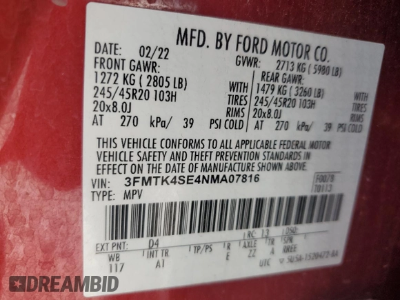2022 Ford Mustang Mach-E GT z VIN 3FMTK4SE4NMA07816, wystawiony jako Copart lot #61197905 z przebiegiem 49 331 mil mil oraz Nie do naprawy • Non repairable. Historia ofert i sprzedaży dostępna na DreamBid. Obrazek 13.