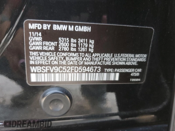 2015 BMW M5 z VIN WBSFV9C52FD594673, wystawiony jako Copart lot #77460894 z przebiegiem 131 755 mil mil oraz Czysty tytuł • Clean title. Historia ofert i sprzedaży dostępna na DreamBid. Obrazek 15.