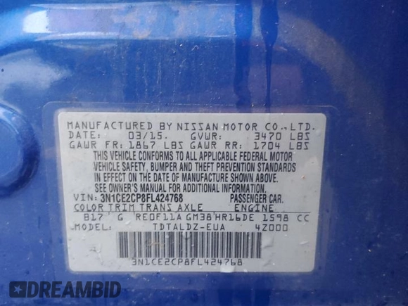 2015 Nissan Note S Plus с VIN 3N1CE2CP8FL424768, выставлен на аукционе Copart как лот 59885825 с пробегом 87 774 миль миль и Списание • Salvage title. История ставок и продаж доступна на DreamBid. Изображение 13.