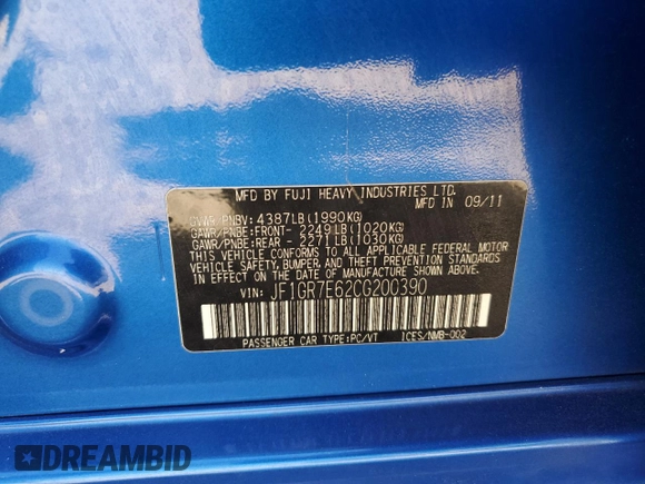 2012 Subaru WRX WRX with VIN JF1GR7E62CG200390, listed as a Copart auction lot 56787955 with 145,826 mi miles and Salvage title. Bid and sale history available at DreamBid. Image 12.