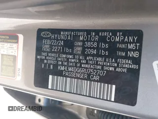 2024 Hyundai Elantra SEL with VIN KMHLM4DG6RU752707, listed as a IAAI auction lot 41771224 with 13,638 mi miles. Bid and sale history available at carsss.com. Image 9.