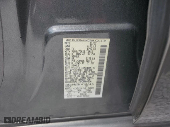 2008 Nissan Frontier SE with VIN 1N6AD09U28C418646, listed as a Copart auction lot 53130515 with 320,430 mi miles and Salvage title. Bid and sale history available at DreamBid. Image 12.