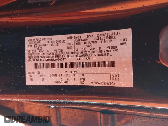 2024 Ford Bronco Big Bend с VIN 1FMDE7AH6RLA64647, выставлен на аукционе IAAI как лот 41084239 с пробегом 3 581 миль миль и . История ставок и продаж доступна на DreamBid. Изображение 9.