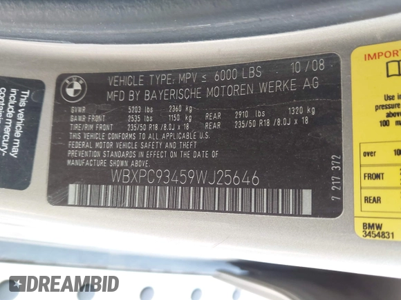 2009 BMW X3 xDrive30i with VIN WBXPC93459WJ25646, listed as a IAAI auction lot 41955182 with 175,605 mi miles. Bid and sale history available at carsss.com. Image 9.