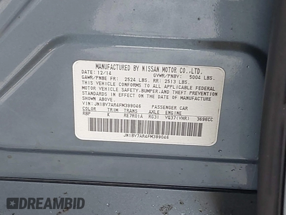 2015 Infiniti Q50 Premium with VIN JN1BV7AR4FM399046, listed as a IAAI auction lot 41560885 with 143,488 mi miles and . Bid and sale history available at DreamBid. Image 9.