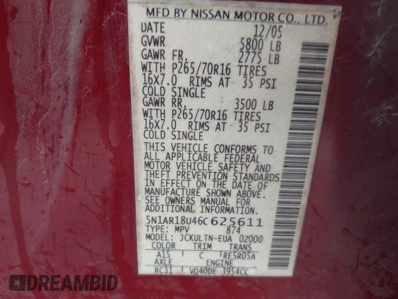 2006 Nissan Pathfinder SE z VIN 5N1AR18U46C625611, wystawiony jako IAAI lot #42317418 z przebiegiem 246 810 mil mil oraz . Historia ofert i sprzedaży dostępna na DreamBid. Obrazek 9.