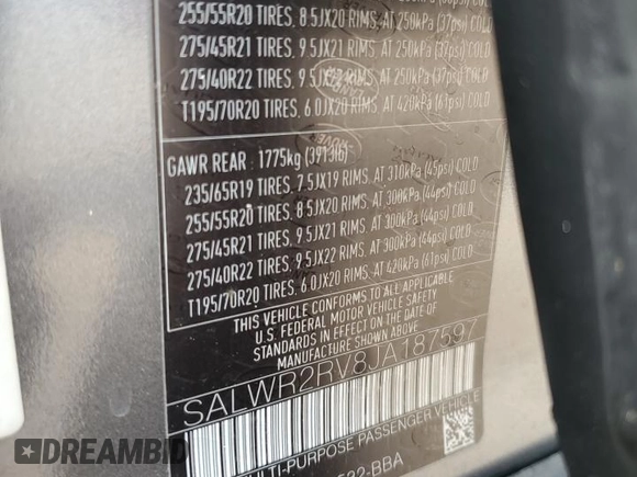 2018 Land Rover Range Rover Sport HSE with VIN SALWR2RV8JA187597, listed as a Copart auction lot 57568265 with 88,513 mi miles and Salvage title. Bid and sale history available at DreamBid. Image 13.