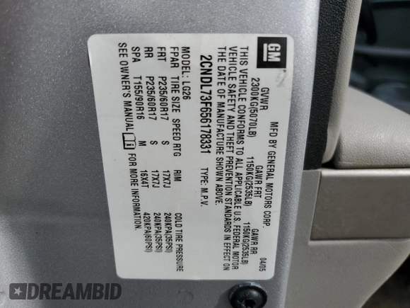 2005 Chevrolet Equinox LT z VIN 2CNDL73F656178331, wystawiony jako Copart lot #54723285 z przebiegiem Nie podano mil oraz Szkoda całkowita • Salvage title. Historia ofert i sprzedaży dostępna na DreamBid. Obrazek 13.