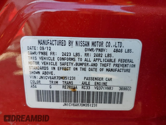 2013 Infiniti G37 x with VIN JN1CV6AR7DM351231, listed as a Copart auction lot 54956005 with 181,784 mi miles and Salvage Title. Bid and sale history available at carsss.com. Image 14.