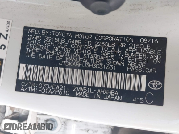 2017 Toyota Prius Two with VIN JTDKARFU3H3031631, listed as a IAAI auction lot 41765402 with 1 mi miles. Bid and sale history available at carsss.com. Image 9.