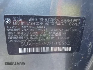 2007 BMW X5 3.0si z VIN 5UXFE43527L018565, wystawiony jako IAAI lot #41832826 z przebiegiem 160 845 mil mil oraz . Historia ofert i sprzedaży dostępna na DreamBid. Obrazek 9.