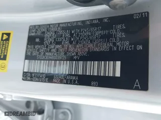 2011 Toyota Highlander with VIN 5TDZK3EH4BS039725, listed as a IAAI auction lot 41434516 with 220,992 mi miles. Bid and sale history available at carsss.com. Image 9.