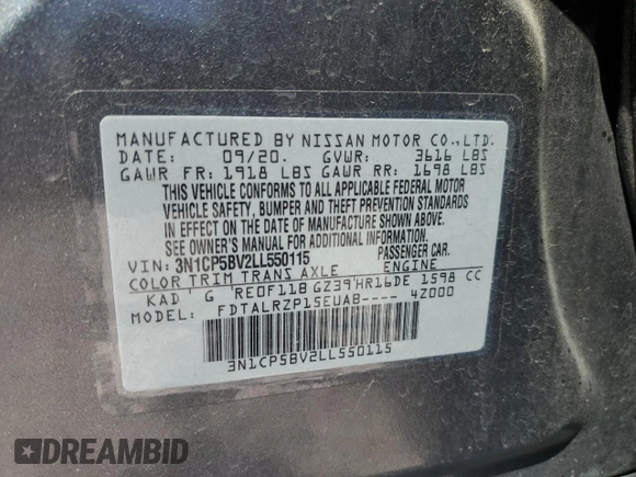 2020 Nissan Kicks S with VIN 3N1CP5BV2LL550115, listed as a Copart auction lot 52323445 with 38,984 mi miles and Salvage Title. Bid and sale history available at carsss.com. Image 12.
