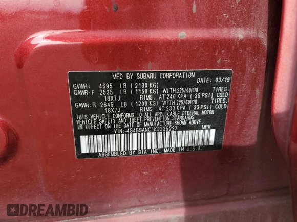 2019 Subaru Outback Limited with VIN 4S4BSANC1K3335227, listed as a Copart auction lot 49123495 with 155,131 mi miles and Salvage Title. Bid and sale history available at DreamBid. Image 14.