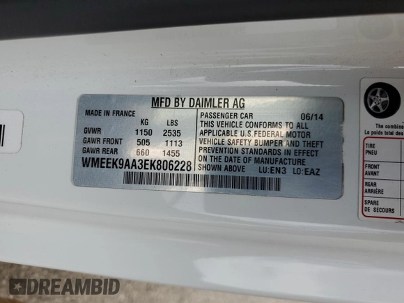 2014 Smart fortwo with VIN WMEEK9AA3EK806228, listed as a Copart auction lot 63858905 with 13,317 mi miles and Clean title. Bid and sale history available at DreamBid. Image 12.
