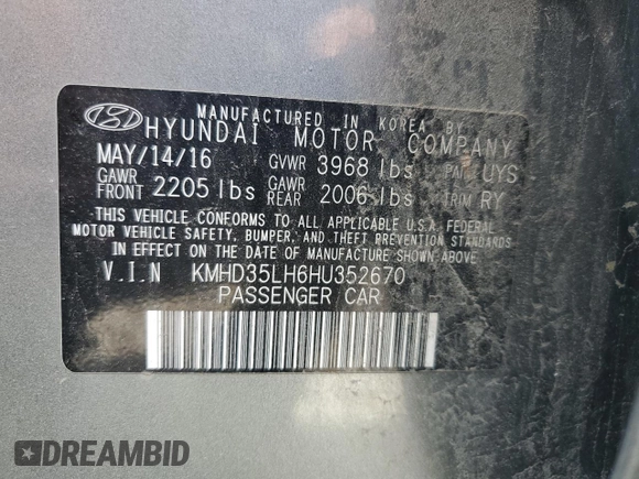 2017 Hyundai Elantra with VIN KMHD35LH6HU352670, listed as a Copart auction lot 59331955 with 123,529 mi miles and Salvage title. Bid and sale history available at DreamBid. Image 12.