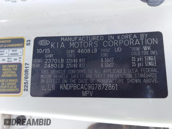 2016 Kia Sportage LX with VIN KNDPBCAC9G7872861, listed as a IAAI auction lot 41772819 with 117,540 mi miles and . Bid and sale history available at carsss.com. Image 9.