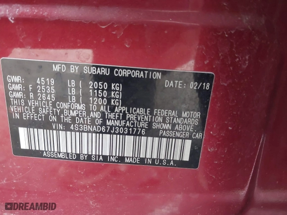 2018 Subaru Legacy Premium with VIN 4S3BNAD67J3031776, listed as a IAAI auction lot 41695865 with 71,409 mi miles. Bid and sale history available at carsss.com. Image 9.