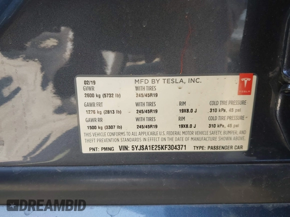 2019 Tesla Model S 75D with VIN 5YJSA1E25KF304371, listed as a IAAI auction lot 42349856 with 64,788 mi miles and . Bid and sale history available at DreamBid. Image 9.