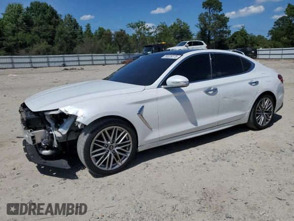 2020 Genesis G70 2.0T with VIN KMTG34LA5LU064227, listed as a Copart auction lot 59328375 with 77,287 mi miles and Salvage title. Bid and sale history available at DreamBid. Image 1.