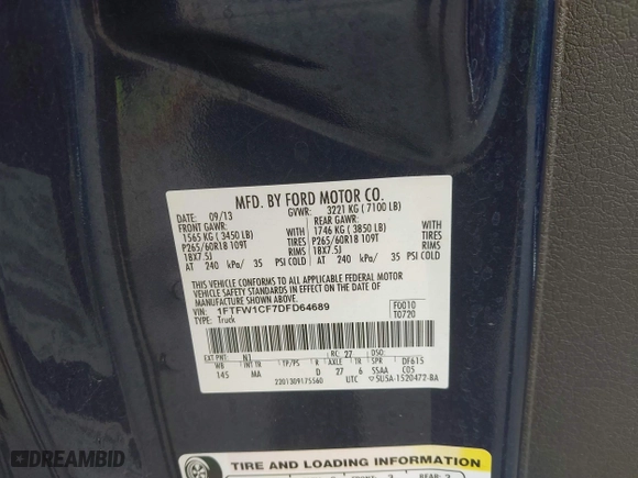 2013 Ford F-150 XL with VIN 1FTFW1CF7DFD64689, listed as a IAAI auction lot 41875958 with 174,366 mi miles. Bid and sale history available at carsss.com. Image 9.