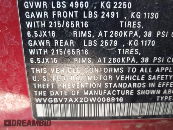 2013 Volkswagen Tiguan SE z VIN WVGBV7AX2DW006816, wystawiony jako IAAI lot #41702820 z przebiegiem 129 757 mil mil oraz . Historia ofert i sprzedaży dostępna na DreamBid. Obrazek 9.