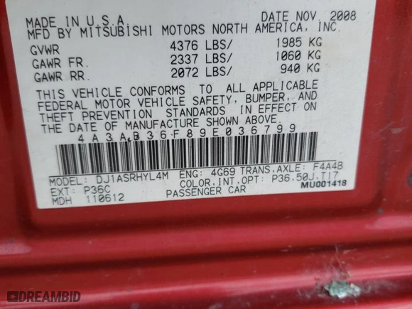 2009 Mitsubishi Galant ES with VIN 4A3AB36F89E036799, listed as a Copart auction lot 66855604 with 242,541 mi miles and Salvage Title. Bid and sale history available at carsss.com. Image 13.