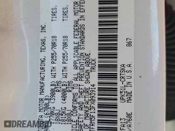 2015 Toyota Tundra SR z VIN 5TFRM5F13FX093914, wystawiony jako Copart lot #58087635 z przebiegiem 128 685 mil mil oraz Szkoda całkowita • Salvage title. Historia ofert i sprzedaży dostępna na DreamBid. Obrazek 12.