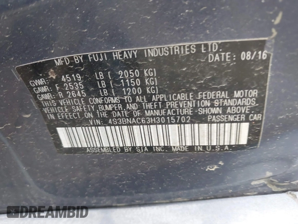 2017 Subaru Legacy Premium with VIN 4S3BNAC63H3015702, listed as a IAAI auction lot 41718005 with 48,392 mi miles and . Bid and sale history available at DreamBid. Image 9.