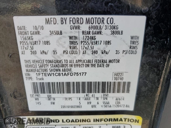 2010 Ford F-150 XL with VIN 1FTEW1C81AFD75177, listed as a Copart auction lot 52542515 with 165,694 mi miles and Salvage Title. Bid and sale history available at carsss.com. Image 12.