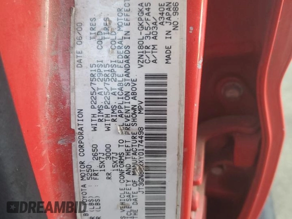 2000 Toyota 4Runner SR5 with VIN JT3GN86RXY0174498, listed as a Copart auction lot 43380235 with 307,230 mi miles and Salvage Title. Bid and sale history available at DreamBid. Image 15.