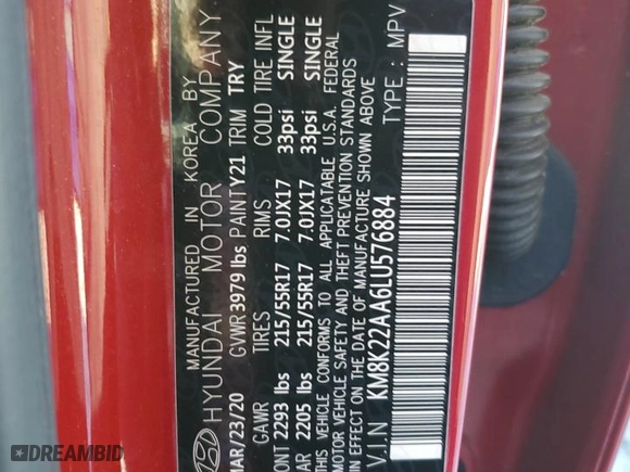 2020 Hyundai Kona SEL with VIN KM8K22AA6LU576884, listed as a Copart auction lot 46631705 with 29,654 mi miles and Salvage Title. Bid and sale history available at carsss.com. Image 15.