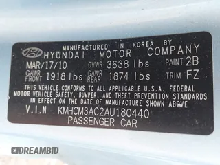2010 Hyundai Accent GS with VIN KMHCM3AC2AU180440, listed as a IAAI auction lot 42156900 with 114,984 mi miles and . Bid and sale history available at DreamBid. Image 9.