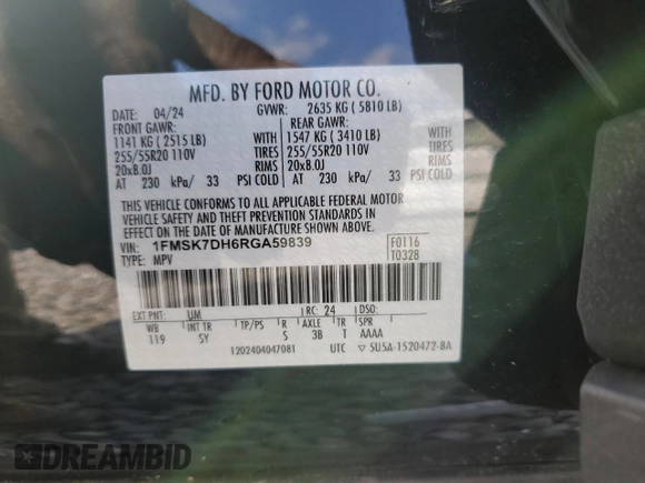 2024 Ford Explorer XLT with VIN 1FMSK7DH6RGA59839, listed as a Copart auction lot 48319795 with 12,070 mi miles and Salvage Title. Bid and sale history available at carsss.com. Image 15.