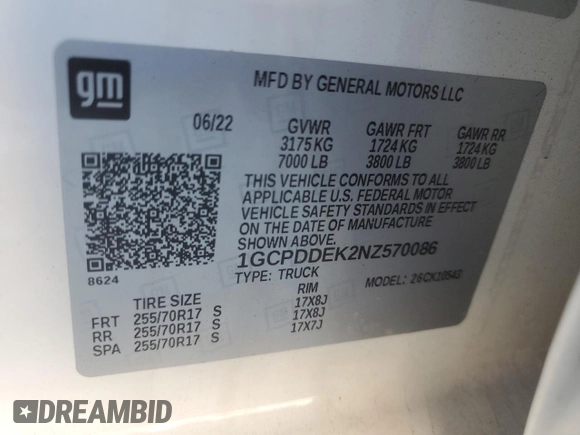 2022 Chevrolet Silverado 1500 LT with VIN 1GCPDDEK2NZ570086, listed as a Copart auction lot 82331784 with 86,026 mi miles and Salvage Title. Bid and sale history available at DreamBid. Image 14.