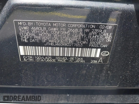 2008 Lexus ES 350 with VIN JTHBJ46GX82217653, listed as a IAAI auction lot 42169971 with 268,420 mi miles. Bid and sale history available at carsss.com. Image 9.
