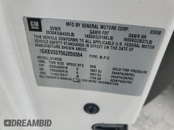 2008 GMC Acadia SLT2 with VIN 1GKEV33758J259384, listed as a Copart auction lot 56007665 with Not provided miles and Salvage title. Bid and sale history available at DreamBid. Image 12.