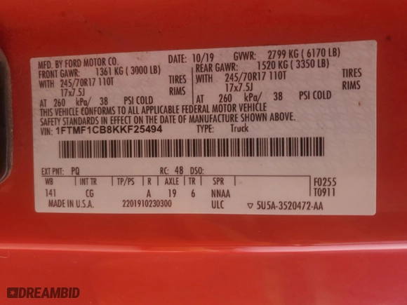 2019 Ford F-150 XL with VIN 1FTMF1CB8KKF25494, listed as a Copart auction lot 46525435 with 209,443 mi miles and Non Repairable. Bid and sale history available at carsss.com. Image 13.