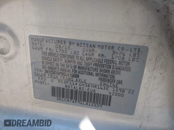 2016 Nissan Versa S with VIN 3N1CN7AP9GL815509, listed as a IAAI auction lot 42303528 with Not provided miles and . Bid and sale history available at DreamBid. Image 9.