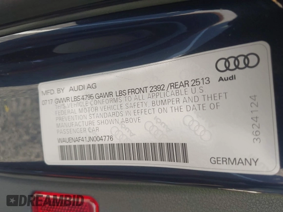 2018 Audi A4 Premium Plus z VIN WAUENAF41JN004776, wystawiony jako IAAI lot #41410230 z przebiegiem Nie podano mil oraz . Historia ofert i sprzedaży dostępna na DreamBid. Obrazek 9.