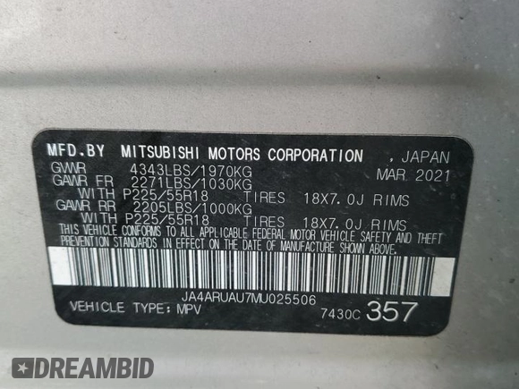 2021 Mitsubishi Outlander ES с VIN JA4ARUAU7MU025506, выставлен на аукционе Copart как лот 50830495 с пробегом Не указан миль и Списание • Salvage title. История ставок и продаж доступна на DreamBid. Изображение 14.