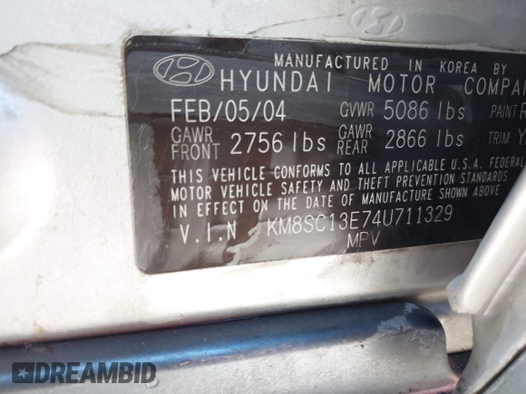2004 Hyundai Santa Fe GLS with VIN KM8SC13E74U711329, listed as a IAAI auction lot 41814704 with 1 mi miles. Bid and sale history available at carsss.com. Image 9.