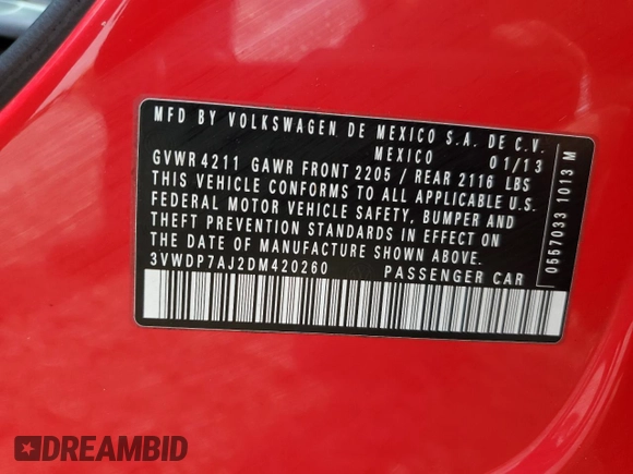 2013 Volkswagen Jetta SE with VIN 3VWDP7AJ2DM420260, listed as a Copart auction lot 59042725 with 161,578 mi miles and Salvage title. Bid and sale history available at DreamBid. Image 13.