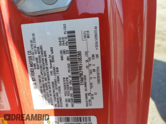 2022 Ford Mustang GT with VIN 1FA6P8CF9N5108380, listed as a Copart auction lot 57899235 with 48,956 mi miles and Salvage title. Bid and sale history available at DreamBid. Image 12.