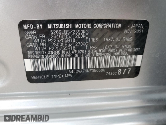 2022 Mitsubishi Outlander SEL with VIN JA4J2VA79NZ050500, listed as a Copart auction lot 55463975 with 81,233 mi miles and Salvage title. Bid and sale history available at DreamBid. Image 14.